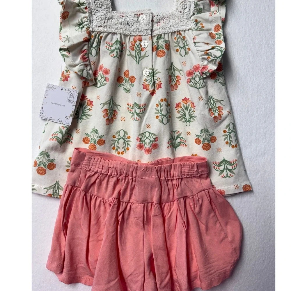 Haute Hippie Kids 2T Floral 3pc Set Top Shorts Bag Coral Lace NEW with 3‎ bows